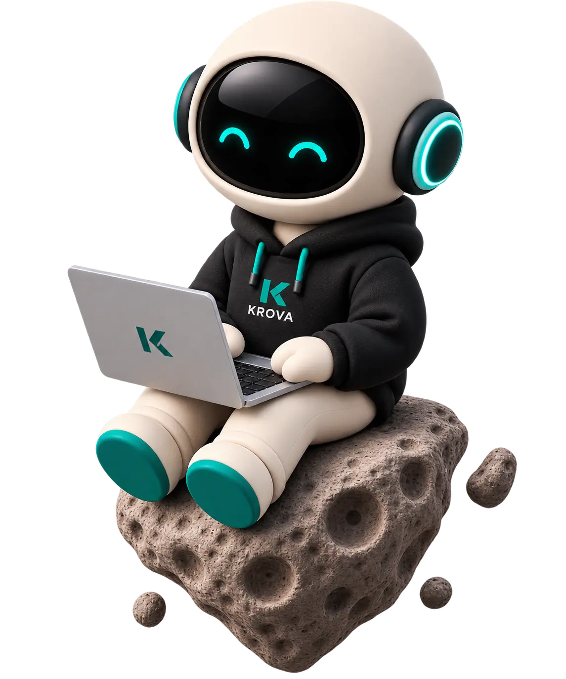 KROVA's mascot, sitting on a rock with a laptop